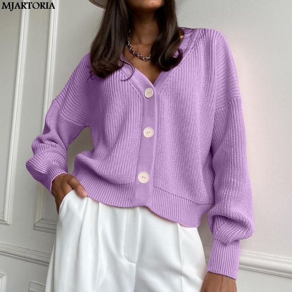 

women's knits & tees women short cardigan knitted sweater autumn winter casual v-neck jumper lantern sleeve sweaters female basic 2021, White
