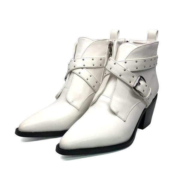

boots zipper pointed toe rivet white shoes block heels women, Black