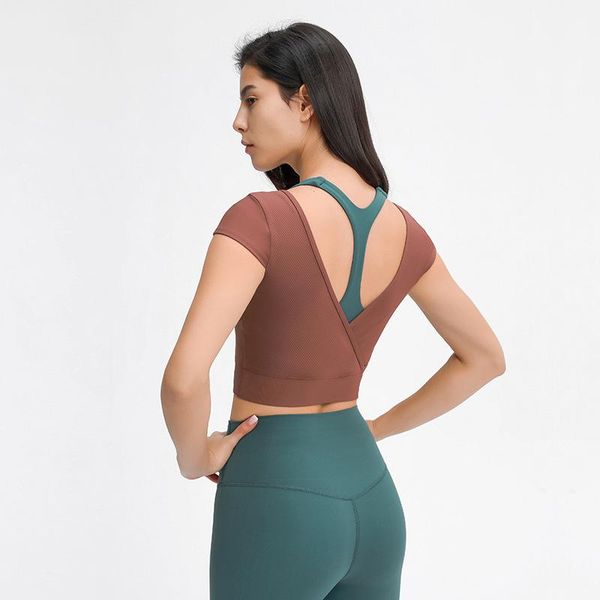 

yoga outfit 2021 thread short sleeve v-shaped cross back outdoor sports fitness top