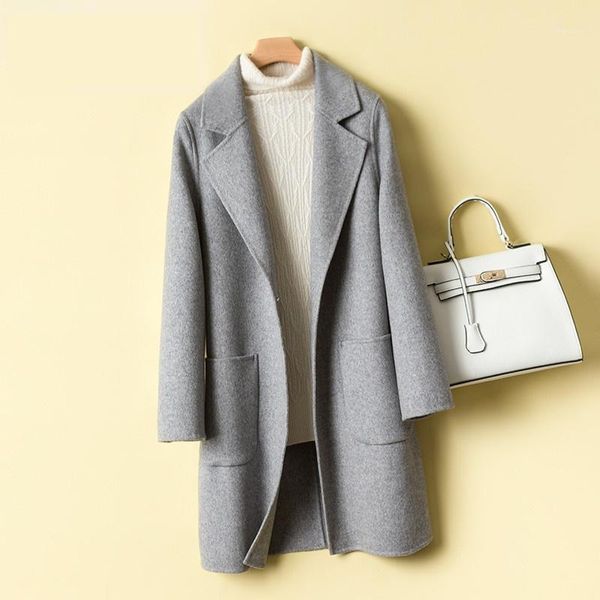 

women's wool & blends autumn winter solid women 100% coat elegant long double-sided cashmere female windbreaker overcoat outwear, Black