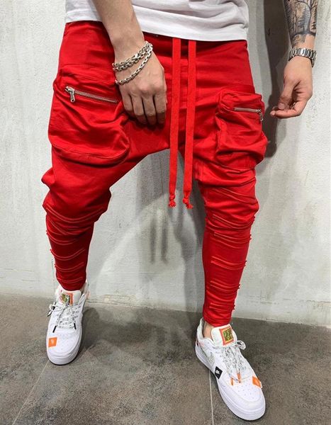 

men's pants solid color schoolbag pocket small foot zipper patch slim casual mens hip hop clothing streetwear, Black