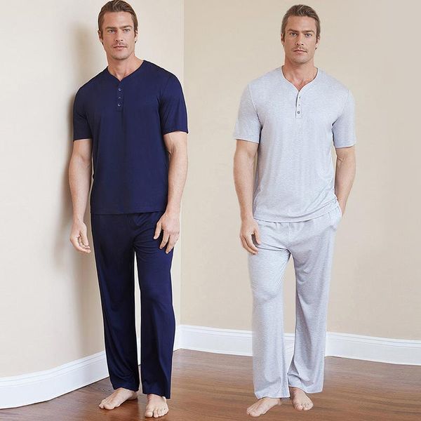 

men's sleepwear short-sleeved shirt, long pants, home service, spring and autumn thin modal pajamas, summer air-conditioned room suit, Black;brown