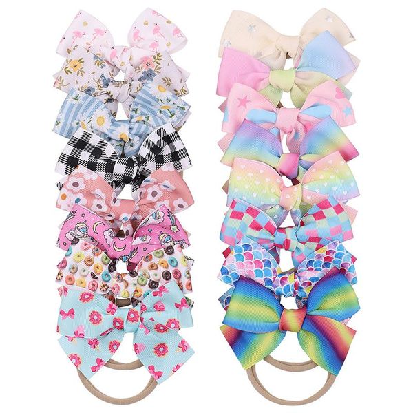 

baby hair accessories girls bow headband 16 colors turban rainbow floral print elasticity fashion kids hairbow boutique bow-knot hairbands, Slivery;white