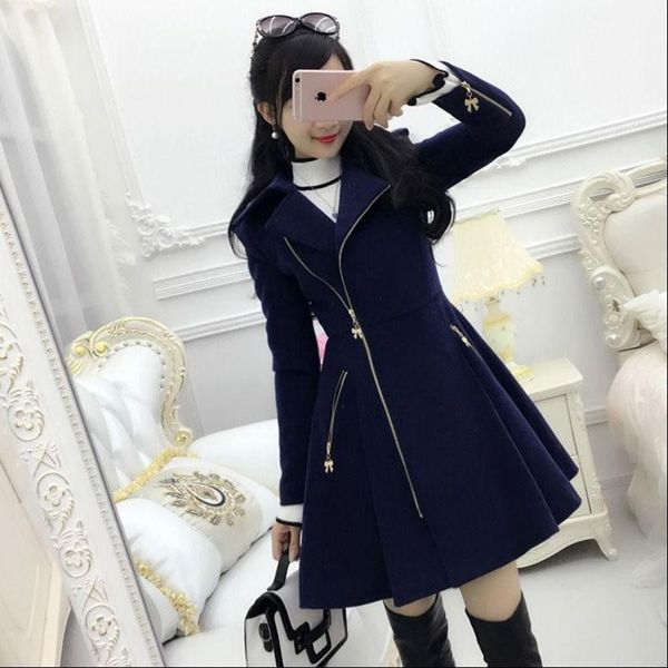 

women's wool & blends 2021 autumn winter women coats dark blue lady zipper woolen coat mid-length slim fit jacket japanese korean fashi, Black