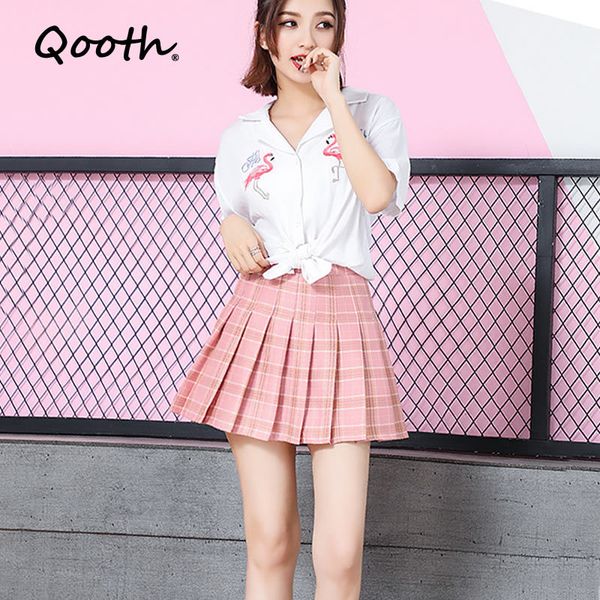 Qooth ins verão outono plissado mini flare saia mulheres estilo formado escola menina jk uniforme xadrez saias plus tamanho 3xl qt193-2 210518