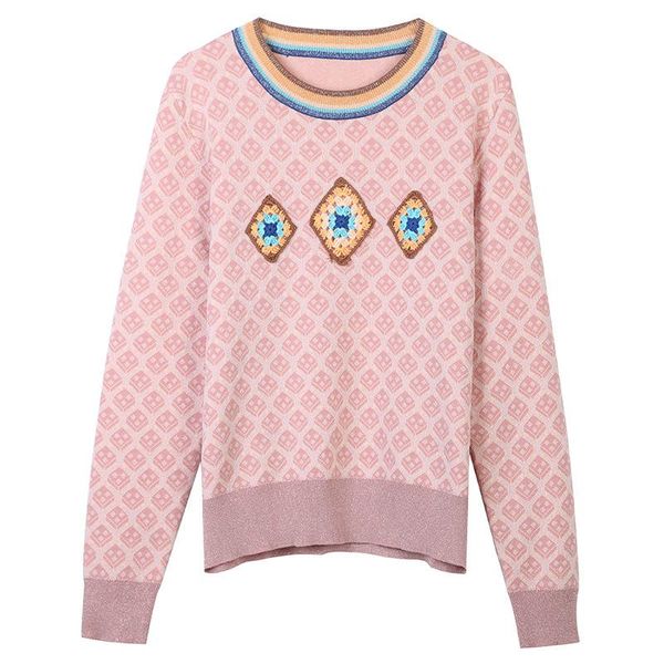 

women's sweaters 2021 autumn and winter fashion long-sleeved round neck contrast jacquard embroidery pink knitted top, White;black
