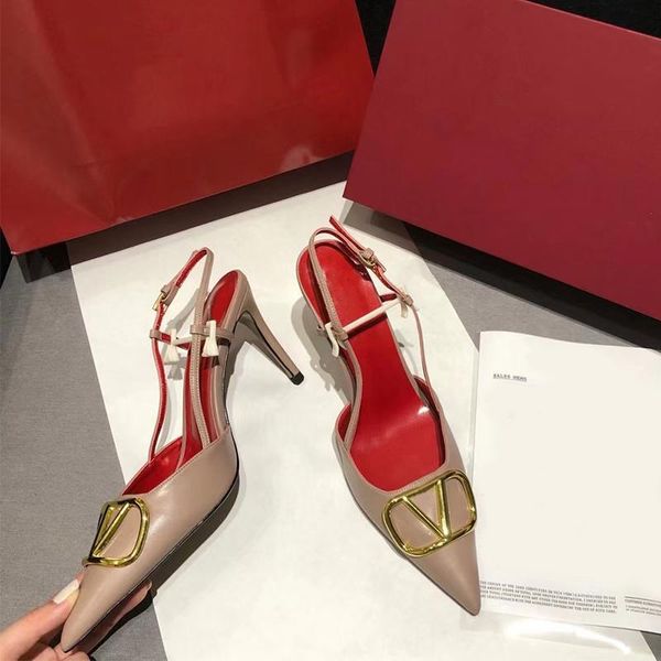 

sandals 2021 pointed toe mid-heel v-shaped metal buckle single shoes stiletto black leather hollow slingback women