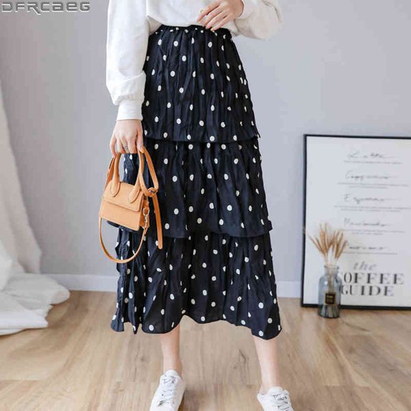 

casual dresses autumn polka dot black maxi women's skirts streetwear loose stretch high waist long three-layer cake pleated haih, Black;gray