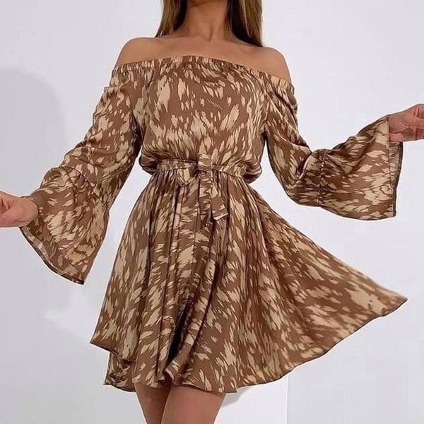 

casual dresses summer off shoulder print mini dress women fall long sleeve lace up club 2021 white elegant loose robe femme, Black;gray