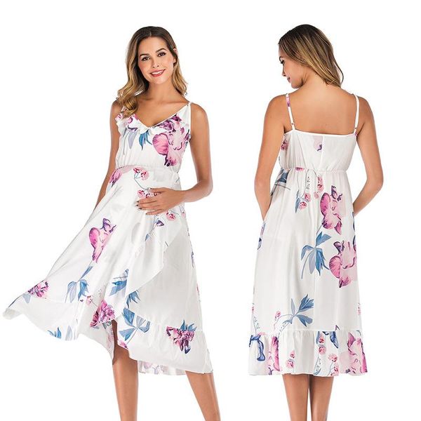 

maternity dresses pregnant women clothes ruffled ink print hanging bandwidth loose dress robe femme grossesse, White