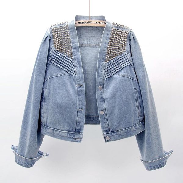 

women's jackets vintage light blue rivet v-neck denim jacket women autumn long sleeve outerwear loose short jeans coat jaqueta feminina, Black;brown