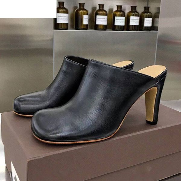 

sandals square toe high heel slippers women genuine leather deep mouth lazyman mules spring party shoes female 2021 ithw, Black