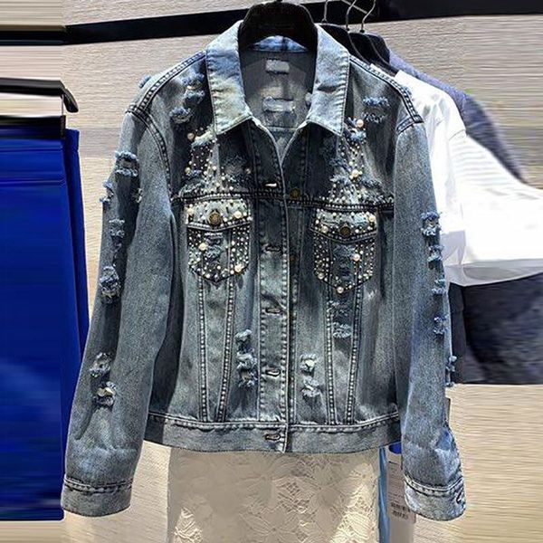 

women's jackets 2021 distressed beaded denim jacket for spring and autumn wear, Black;brown