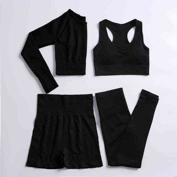 

fashionable new stretch fitness suit seamless yoga suit sports knitting four pieces yoga suit women, White