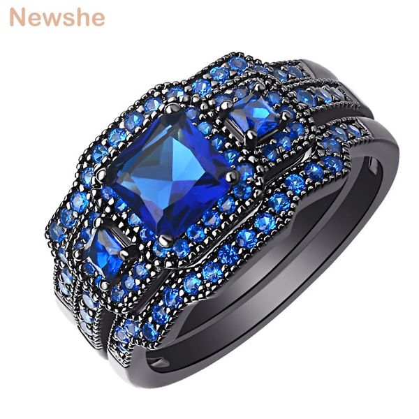 

cluster rings she 3 pcs black wedding ring set for women engagement blue princess cut cubic zircon qr4687wg, Golden;silver