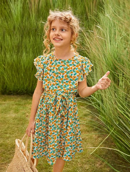 

girls ruffle trim self belted floral print dress she, Red;yellow