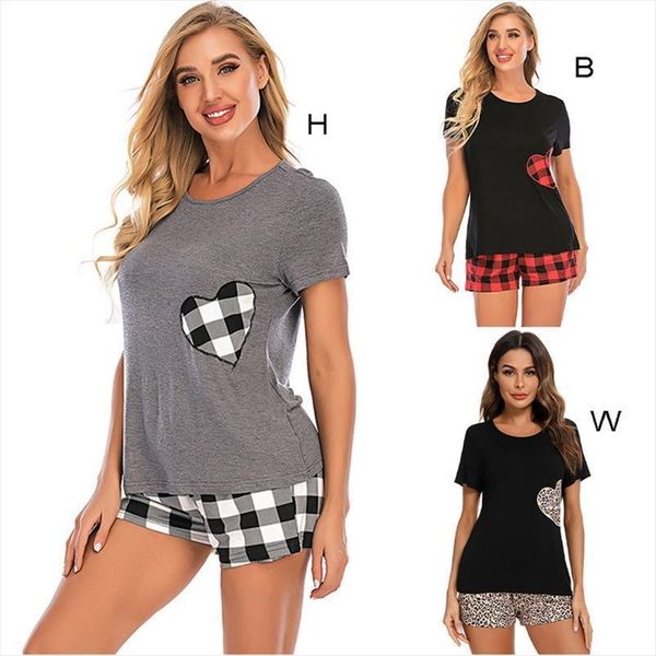 

young girls summer short sleeves womens sleepwears plaid pajamas set cute cartoon love heart printed loose sleepwear women home loungewear, Black;red