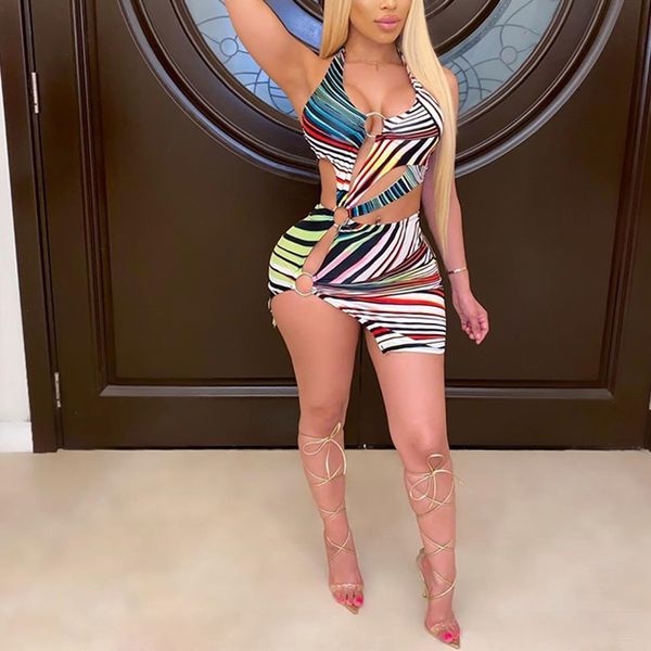 

2021women halter backless slit mini dress sleeveless night out club party dress summer bodycon beachwear, Black;gray