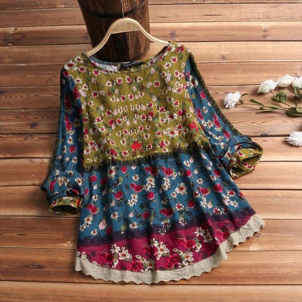 

vintage floral printed spring women shirts long sleeve lace patchwork casual cotton linen tunic blusa, White