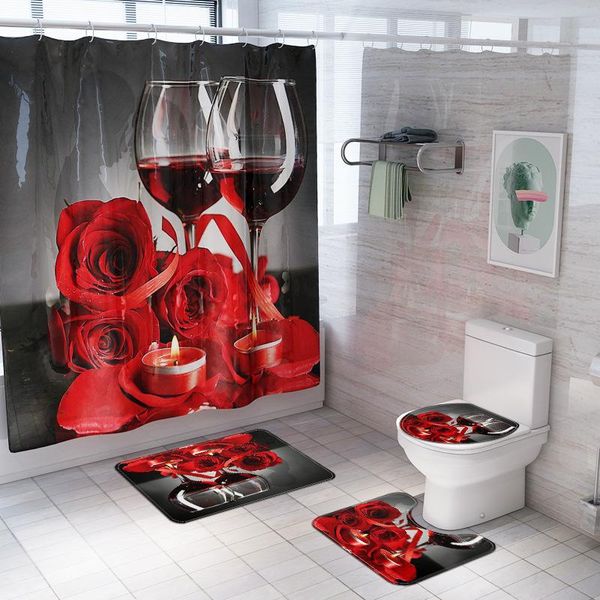 

bath mats 4pcs set bathroom decoration shower curtain carpet mat rose-red wine printed partition