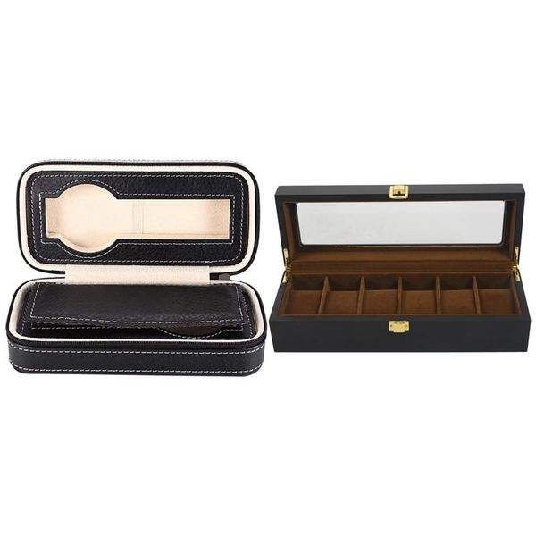 

watch boxes & cases 1 pcs 2 grids storage case zipper wristwatch box 6 plaid wooden jewelry display, Black;blue
