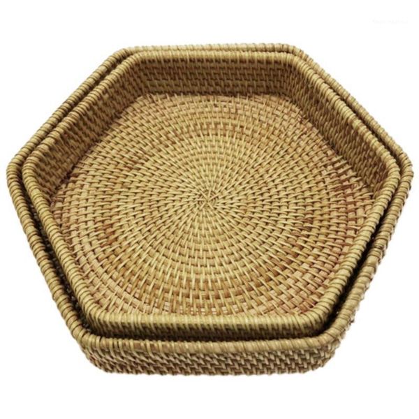 

storage baskets natural environmental protection handmade rattan hexagonal basket tea tray fruit snack basket, 2pcs1