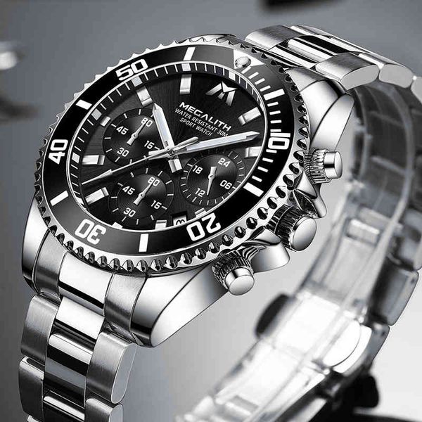 

megalith casual watches for men black brand luxury sport military steel wrist watch man clock fashion chronograph wristwatch, Silver