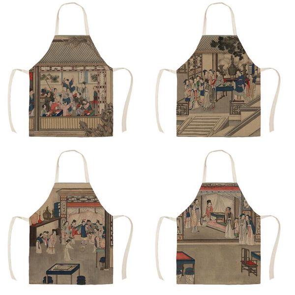 

aprons chinese style famous painting apron children kitchen linen printing household cleaning cooking antifouling
