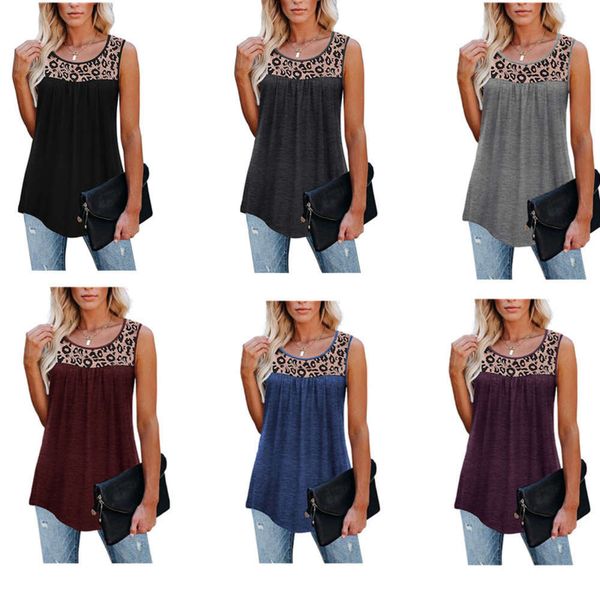 

women's 2021 summer new round neck loose leopard stitching home sleeveless vest t-shirt, Black;gray