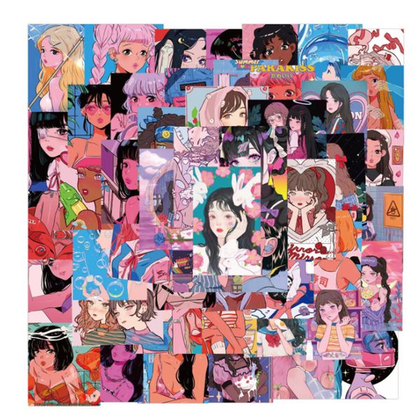 

50 pcs cartoon girl illustration graffiti waterproof skateboard travel suitcase phone lapluggage stickers cute kids girl
