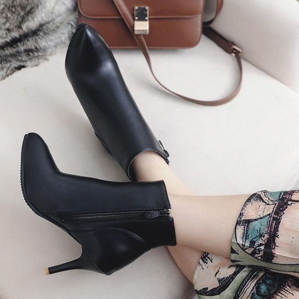 

boots big size 11 12 13 14 15 16 artificial short furry fashion with point fine heel and high side zipper inside, Black