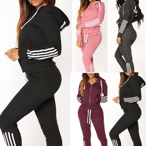 

fashion casual stripe zipper women tracksuits tracksuit long sleeve pullove sport ankle length pants set autumn winter suit, Gray
