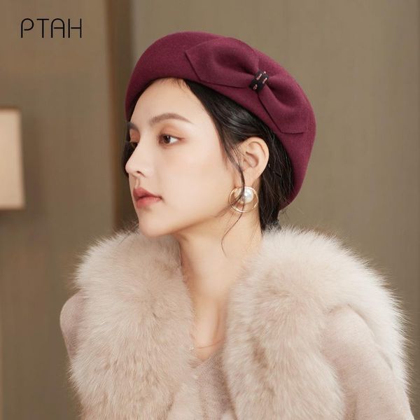 

berets [ptah] autumn winter women beret french artist 100% australian wool beanie hat vintage plain solid color elegant lady caps, Blue;gray