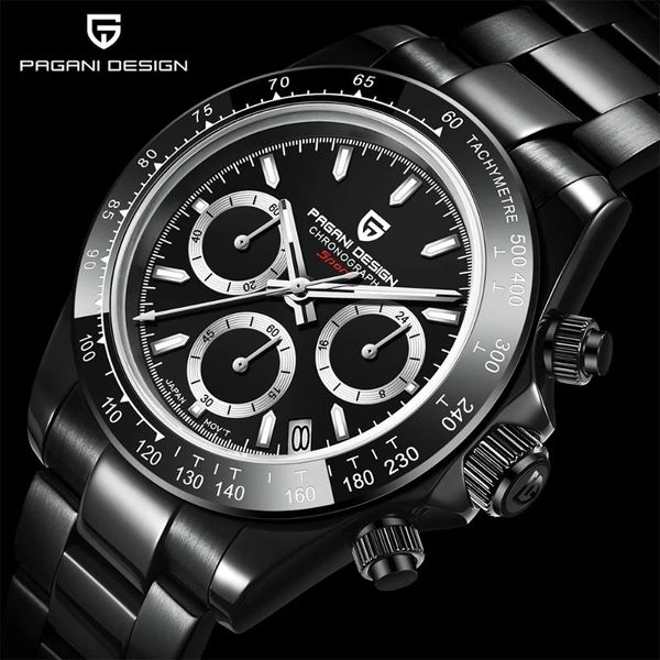 

wristwatches pagani design 2021 full black quartz vk63 men's wristwatch 100m waterproof stainless steel sapphire watch sport chronograp, Slivery;brown