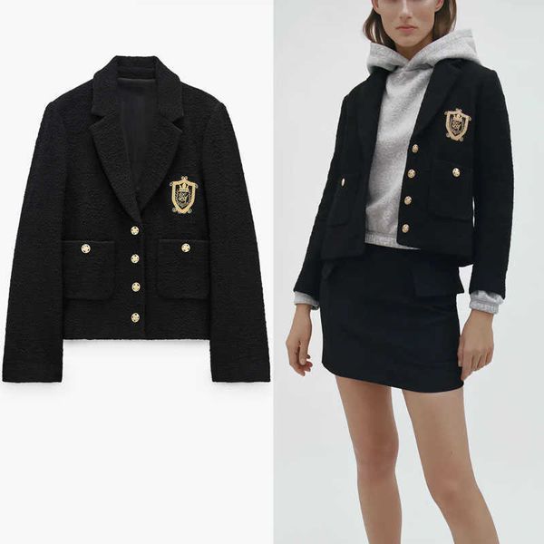 

za black textured cropped blazer women vintage embroidered coat blazers woman long sleeve patch pockets tweed outwear 210602, White;black