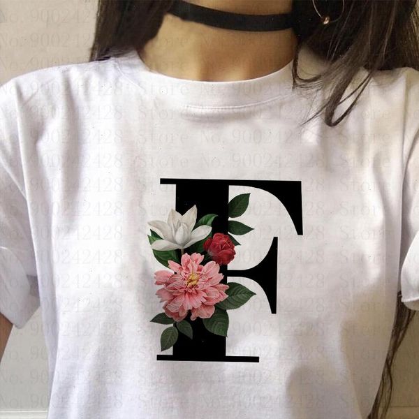 

vogue 26 black alphabet harajuku women t shirt a to z combination flowers short sleeve casual korean style female, White