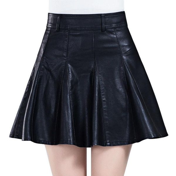 

skirts leather skirt women's autumn winter pleated high waist a- line pu woman mujer faldas saias mulher, Black