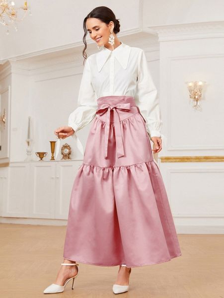 

collared solid blouse & tie waist skirt set h3hi#, White