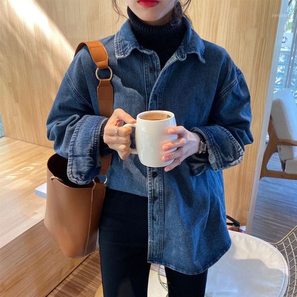 

women's blouses & shirts women blouse autumn denim loose long sleeves turn-down collar coat blusas ropa de mujer, White