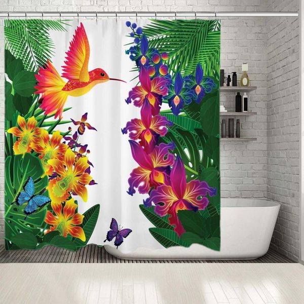 

shower curtains curtain tropical forest with flowers leaves plants birds and butterflies colorful artwork green yellow purple