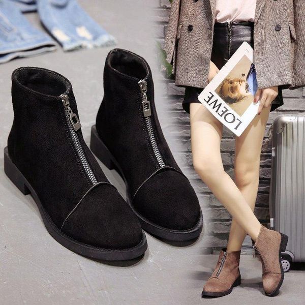 

boots women platform front zipper ankle for 2021 fashion chunky heels winter shoes woman, Black