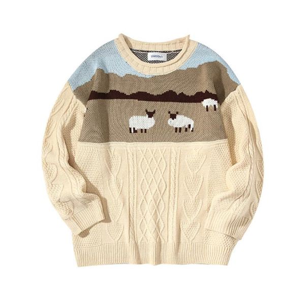 

men's sweaters autumn winter vintage knitted jacquard cartoon pullovers harajuku jumpers casual knitwear male clothing, White;black