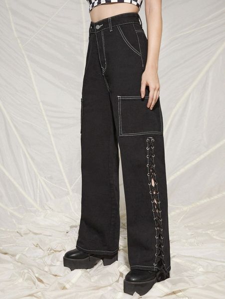 

high waist titching lace up side jeans c1sa#, Blue