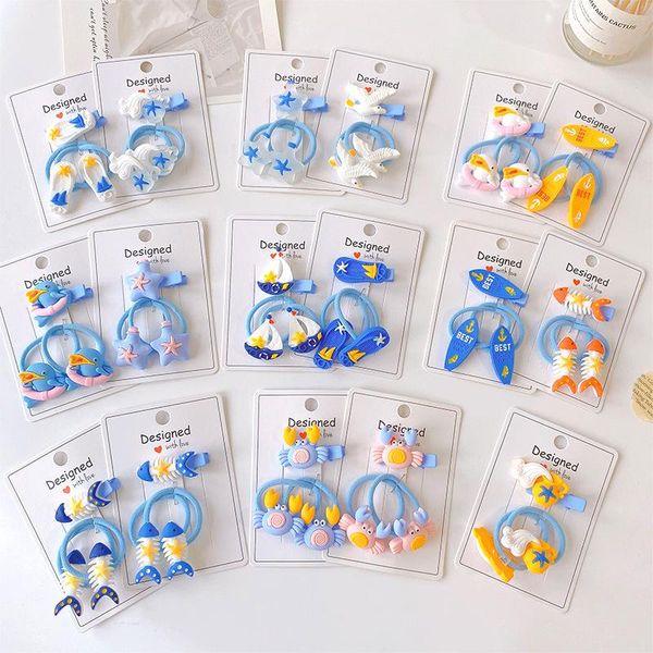 

hair accessories 3pcs lot cartoon super cute blue marine creature fish ship girl baby high elastic rubber band kawaii clips ponytail holder, Slivery;white