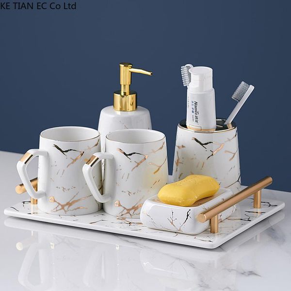 

bath accessory set european-style ceramic bathroom six-piece with tray marble pattern high-end accessories brushing cup soap dish