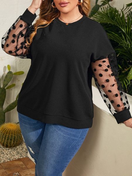 

plus contrast polka dot mesh drop shoulder sweatshirt 55yr#, Black