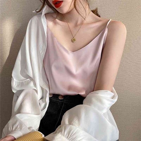 

korean fashion silk women summer woman sleeveless satin tank plus size lady solid v neck camis halter xxl 210604, White