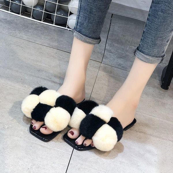 

autumn and winter women's shoes flat bottom plush slippers female color hair ball cotton linen leisure, Black