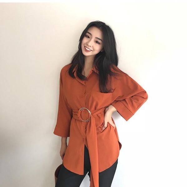 

women's blouses & shirts 5 colors autumn turn-down collar shirt with sashes women stylish chic and ladies harajuku chemise 2021 pv40, White