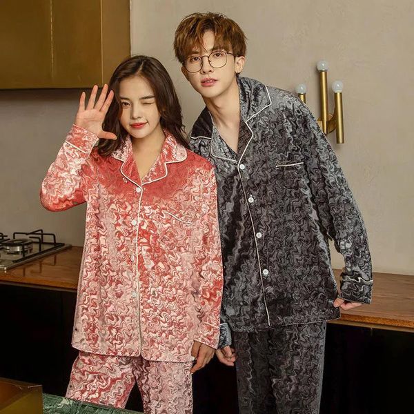 

chic couple velvet sleepwear men women cardigan lapel pajamas autumn winter warm clothes home wear suit, Black;red
